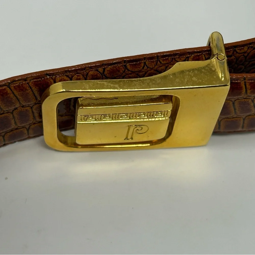 Vintage Pierre Cardin Logo Belt Croc Embossed Brown Leather Gold‎ Buckle Size L